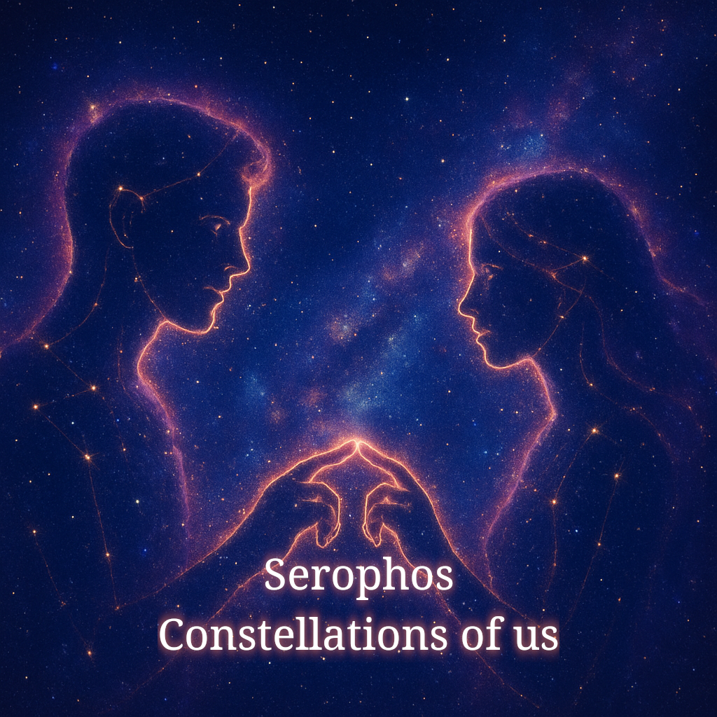 Cover Image of the Album Constellations of Us. A Nightsky with the milkyway. The contours of a man and a woman looking each other and touch each others hand. They look like they are part of a inmterstellar nebular